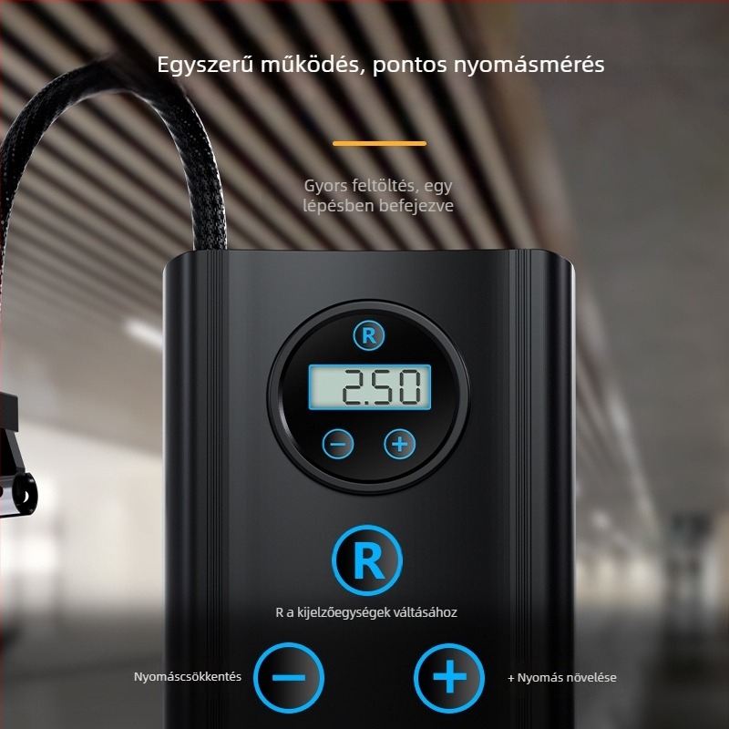 Autó inflátor digitális kijelzővel, gumi nyomásmérővel, 12V működés, 120W teljesítmény, 25 L/perc áramlás