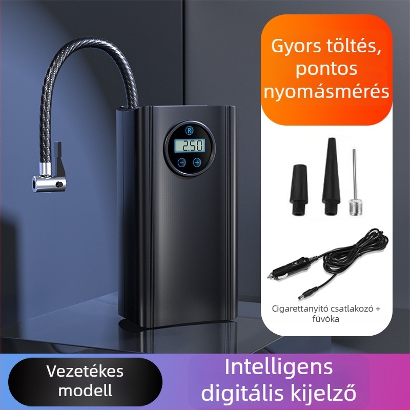 Autó inflátor digitális kijelzővel, gumi nyomásmérővel, 12V működés, 120W teljesítmény, 25 L/perc áramlás