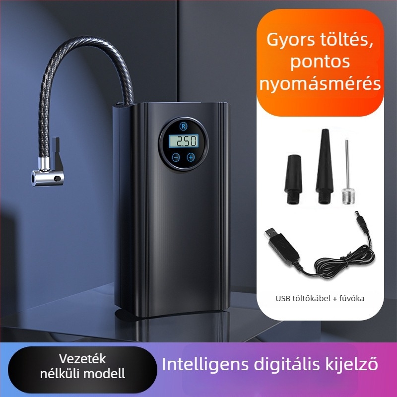 Autó inflátor digitális kijelzővel, gumi nyomásmérővel, 12V működés, 120W teljesítmény, 25 L/perc áramlás