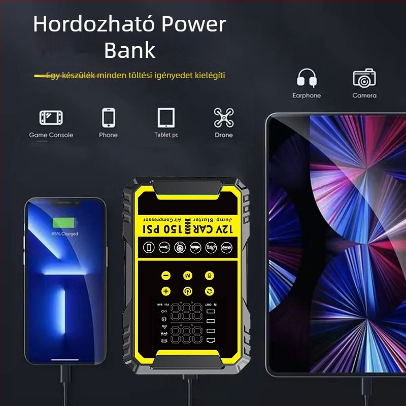 Autóindító készülék beépített pumpával és digitális gumiabroncs-szivattyúval, mindent egyben autóakku és power bank, CE tanúsítvány, bemenet 5/9V, kimenet 5V