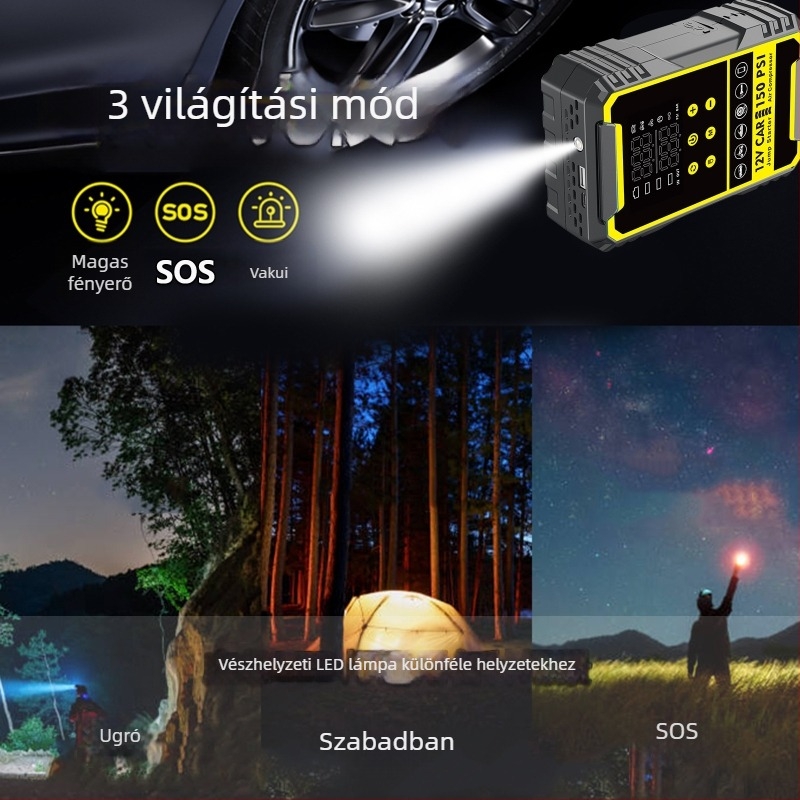 Autóindító készülék beépített pumpával és digitális gumiabroncs-szivattyúval, mindent egyben autóakku és power bank, CE tanúsítvány, bemenet 5/9V, kimenet 5V