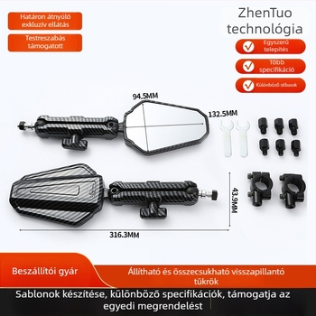 Összecsukható négyzet alakú visszapillantó tükör motorkerékpárokhoz és elektromos járművekhez, alumíniumötvözetből és műanyagból készített házzal, első- és hátsó rögzítés