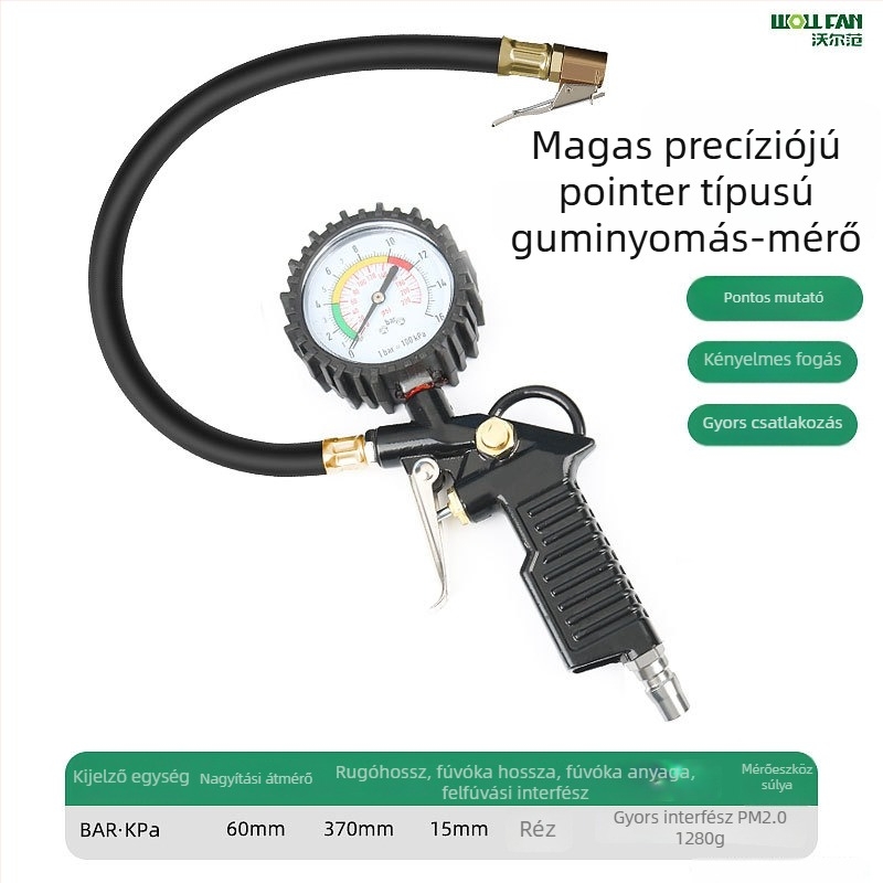Volvan gumi nyomásmérő és fúvópiska – olajba merülő manométer, tartomány 0–60 psi, pontosság 0,005, rézből készült test