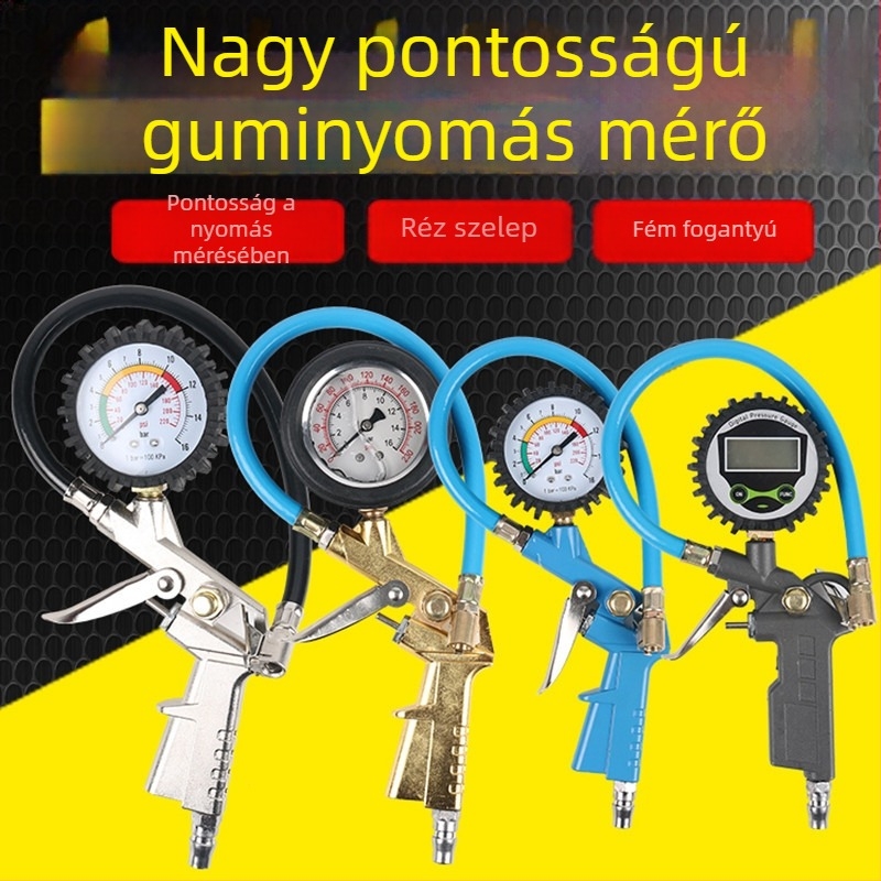 Gumiabroncsnyomás-mérő fúvópisztollyal, magas pontosságú, cinkötvözetből, 0,3 bar pontosság, barban olvasható