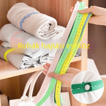 Poliészter hevederek tároló készlet ruhák hajtogatásához és rendezéséhez; tartalmaz több hevedert a kötözéshez és ruhák rendszerezéséhez