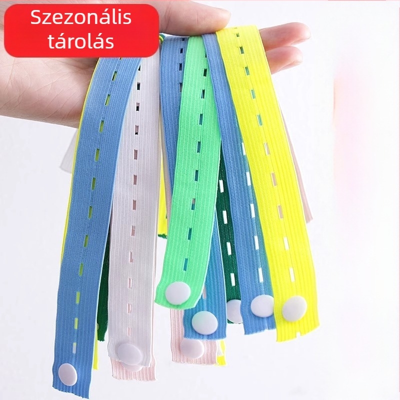 Poliészter hevederek tároló készlet ruhák hajtogatásához és rendezéséhez; tartalmaz több hevedert a kötözéshez és ruhák rendszerezéséhez