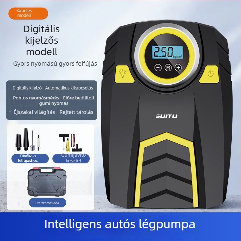 Autó gumipumpa digitális kijelzővel és nyomásmérővel, 12V, 120W, 25 L/perc