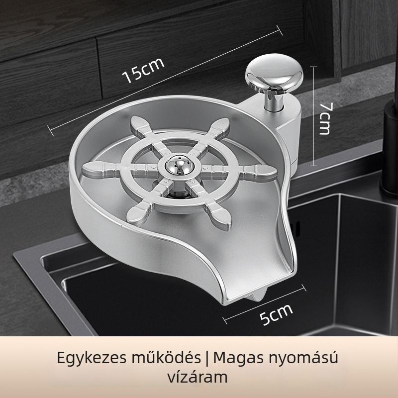 Két az egyben pohármosó és szappanadagoló bárpulthoz, kézi nyomású működés, modern minimalista stílus, anyagok: réz, rozsdamentes acél, műanyag; súly: 1 kg; felület: elektroplattált bevonat