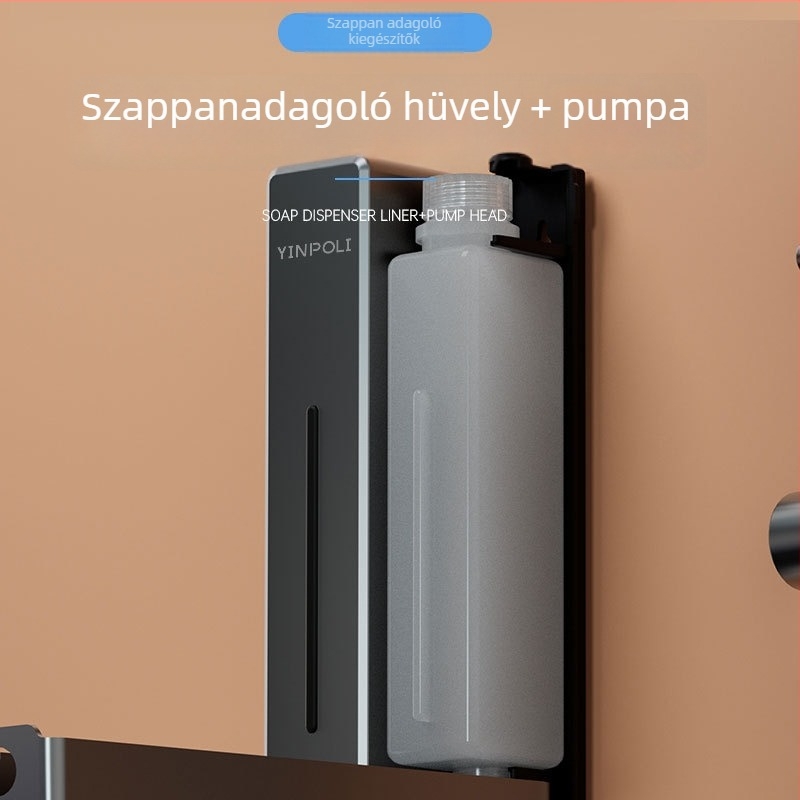 Fürdőszobai szappanadagoló, műanyag test, kézi nyomású működés, modern minimalista stílus, oxidált felület