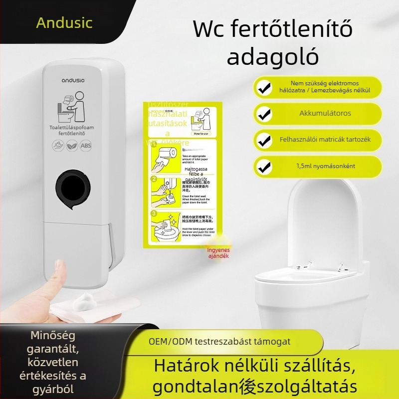 WC habos fertőtlenítő adagoló, falra szerelhető, kézi nyomás, ABS anyag, tömeg 0,5 kg