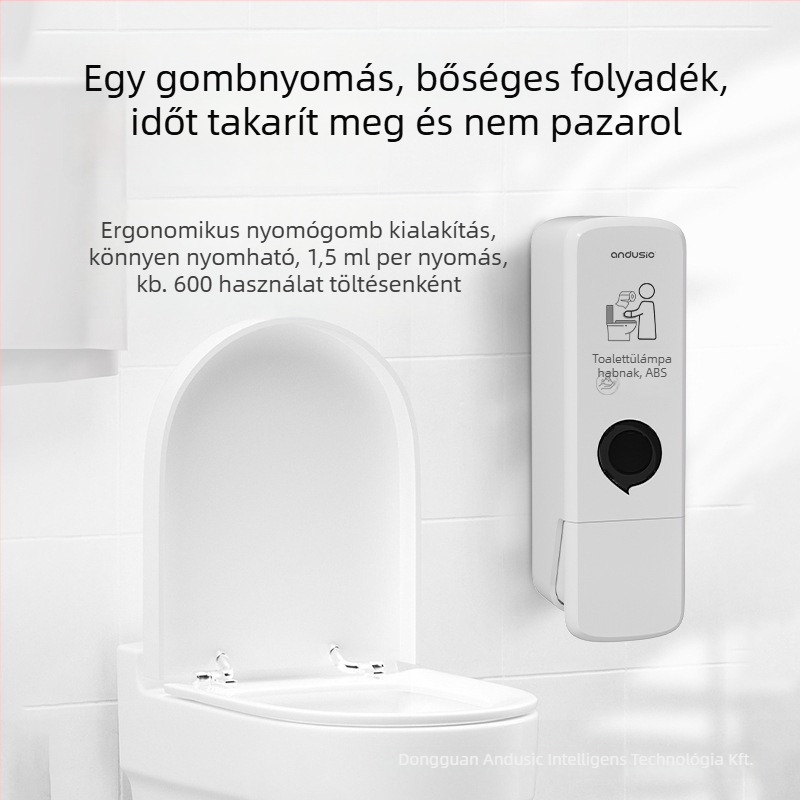 WC habos fertőtlenítő adagoló, falra szerelhető, kézi nyomás, ABS anyag, tömeg 0,5 kg