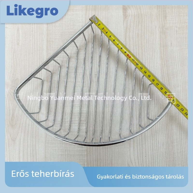 Rozsdamentes acélból készült krómozott hálókosár fürdőszobához, háromszög alakú polc, ventilátor alakú, egy réteg, teherbírás 20 kg