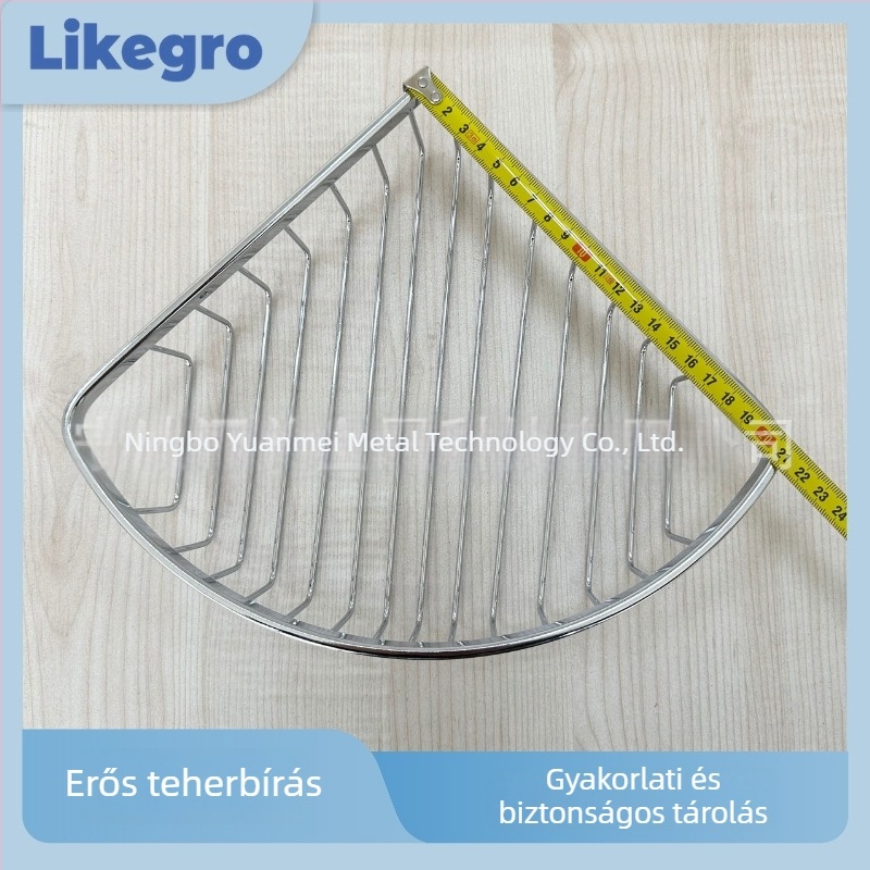Rozsdamentes acélból készült krómozott hálókosár fürdőszobához, háromszög alakú polc, ventilátor alakú, egy réteg, teherbírás 20 kg