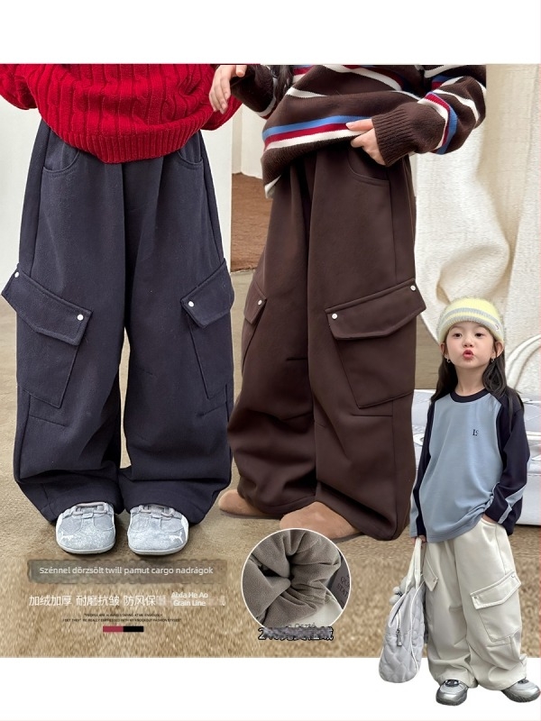 Gyerekeknek fleece-betétes nadrág oldalsó zsebekkel, pamut twill anyagból, uniszex, téli
