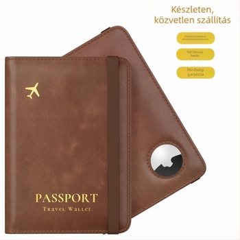 Vízálló PU bőr útlevél-tartó AirTag-kiegészítéssel - 2-in-1 bőrtok, rugalmas pánt, útlevél és személyi igazolvány tartó