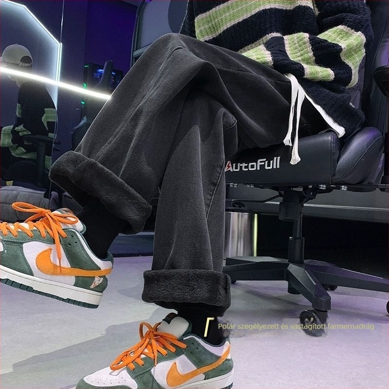 Női farmer nadrág fleece-béléssel, magas derék, egyenes szabás, téli 2025, pamut denim