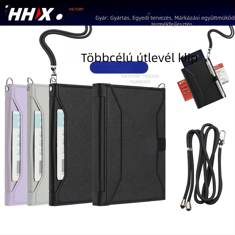 RFID-védett bőr útlevél-tartó kártyatartó rekesszel és zsebbel a beszállókártyához – uniszex, PU bőr, szintetikus bélés, üzleti utazási stílus