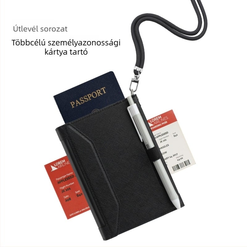 RFID-védett bőr útlevél-tartó kártyatartó rekesszel és zsebbel a beszállókártyához – uniszex, PU bőr, szintetikus bélés, üzleti utazási stílus