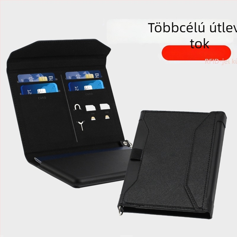 RFID-védett bőr útlevél-tartó kártyatartó rekesszel és zsebbel a beszállókártyához – uniszex, PU bőr, szintetikus bélés, üzleti utazási stílus