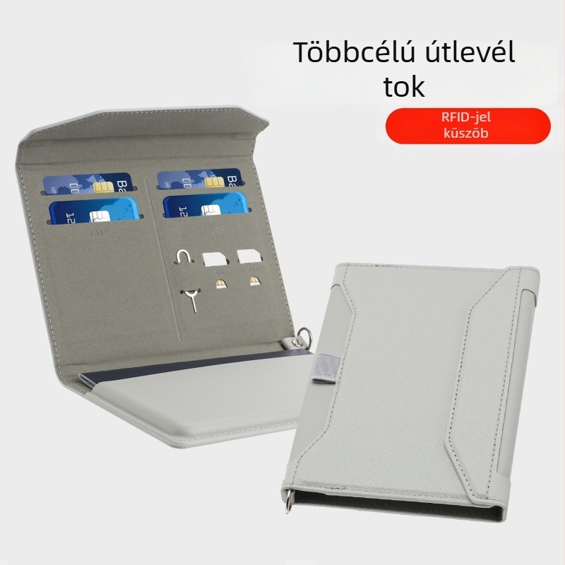 RFID-védett bőr útlevél-tartó kártyatartó rekesszel és zsebbel a beszállókártyához – uniszex, PU bőr, szintetikus bélés, üzleti utazási stílus