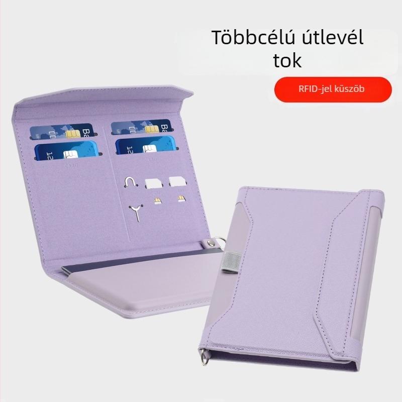 RFID-védett bőr útlevél-tartó kártyatartó rekesszel és zsebbel a beszállókártyához – uniszex, PU bőr, szintetikus bélés, üzleti utazási stílus