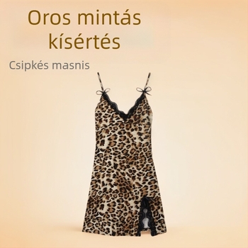 Leopard mintás szexi fehérnemű készlet harisnyatartóval és hálóinggel, cheongsam-stílusú dizájn harisnyákkal, csipkés masnival, poliészter anyag