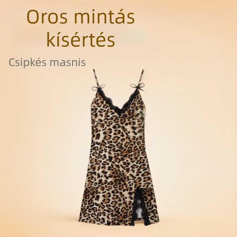 Leopard mintás szexi fehérnemű készlet harisnyatartóval és hálóinggel, cheongsam-stílusú dizájn harisnyákkal, csipkés masnival, poliészter anyag