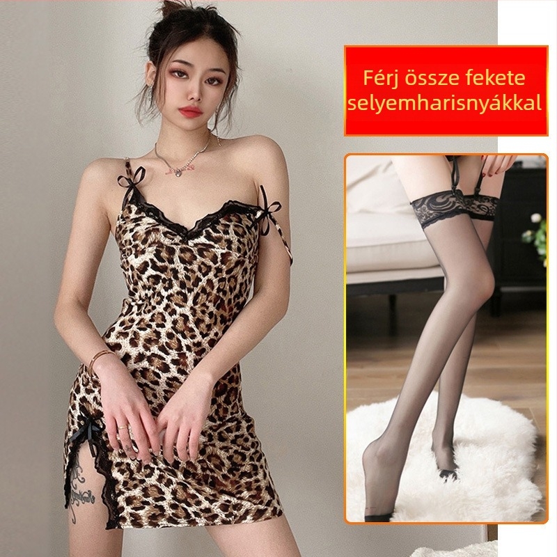 Leopard mintás szexi fehérnemű készlet harisnyatartóval és hálóinggel, cheongsam-stílusú dizájn harisnyákkal, csipkés masnival, poliészter anyag