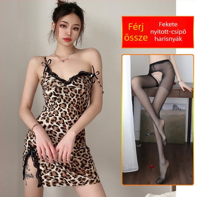 Leopard mintás szexi fehérnemű készlet harisnyatartóval és hálóinggel, cheongsam-stílusú dizájn harisnyákkal, csipkés masnival, poliészter anyag