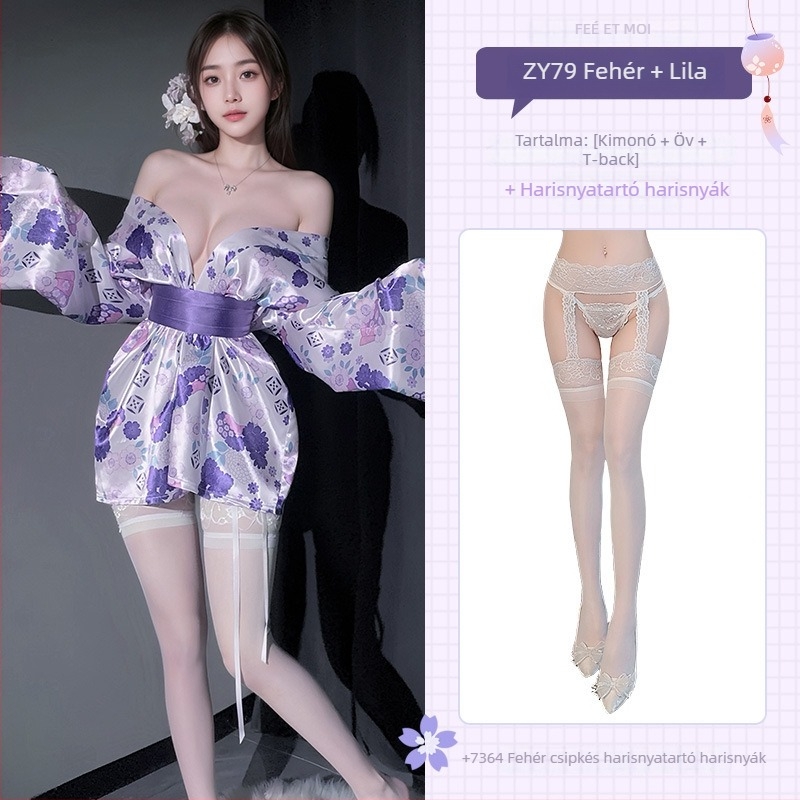 Feimu sakura virágos kimono fehérnemű — szexi éjszakai ruházat, dekoltázs és fenék megmutatása