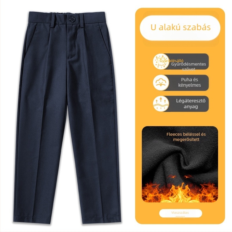 Fiúknak iskolai nadrág – szérge szövet, 100% poliészter, fleece bélés, téli modell, középmagas derék
