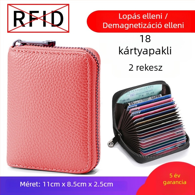 Kártyatartó lopás elleni és anti-mágneses védelemmel, több kártyatartó rekesz, jogosítvány szervező, poliészter test, bőr belsővel