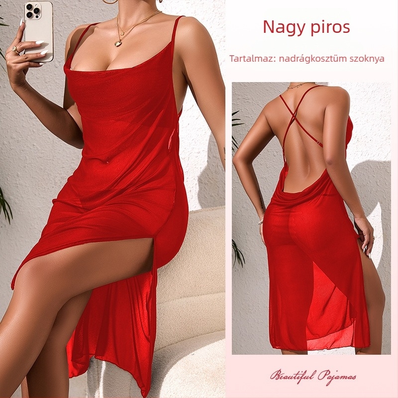 Átlátszó hálós anyagú mély V-nyakú camisole éjszakai ruha, keresztbehúzott hátsó rész, aszimmetrikus hasíték, középméret.