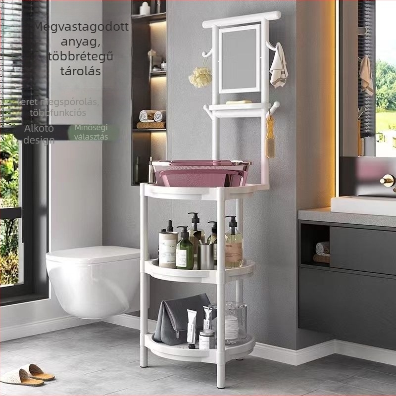 Padlóra álló mosdóállvány gyantából, tükrös, 6 polcos, kínai stílus, hajszárító tároló