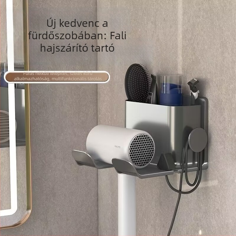Hajszárító falra szerelhető tároló, műanyag, minimalist stílusú, fúrás nélkül (1 polc, fürdőszoba)