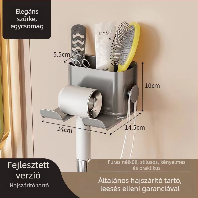 Hajszárító falra szerelhető tároló, műanyag, minimalist stílusú, fúrás nélkül (1 polc, fürdőszoba)