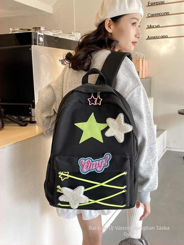 Női Harajuku-stílusú nylon hátizsák csillag mintával, kapacitás 36–55L, iskolai használatra, befogad 13 hüvelykes laptopot, ultra-könnyű légpárnás vállpántokkal