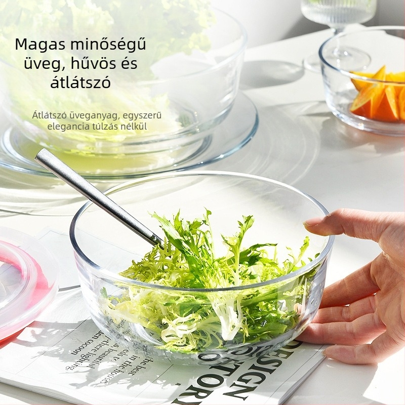 Saláta tál üvegből, hőálló, kerek, átlátszó, szállodai étkezésre, mikrohullámú sütő nem alkalmas