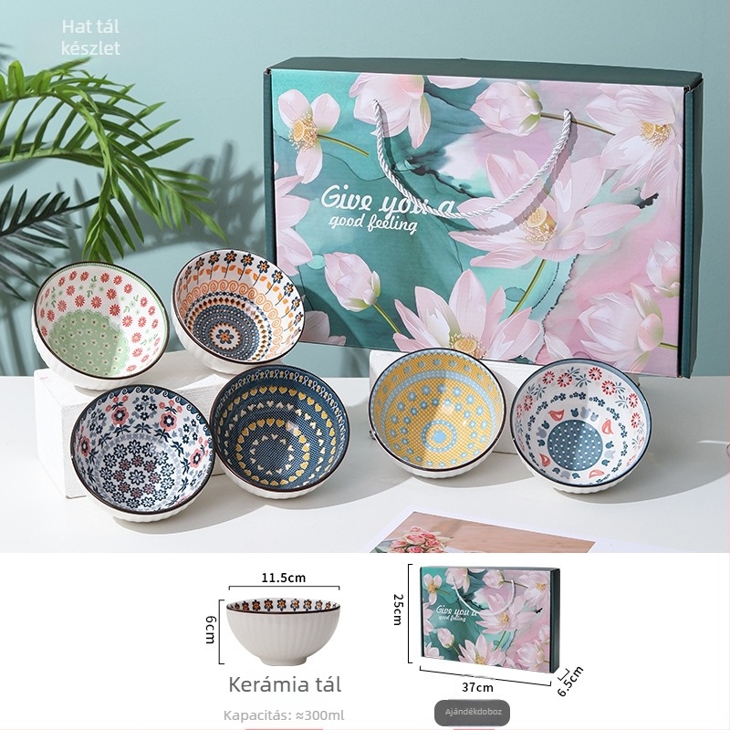 Japán stílusú porcelán étkészlet lótuszos tálakkal és evőpálcikákkal, mikrohullámú sütőben használható, alglazúros felület, többféle minta, testreszabható logó