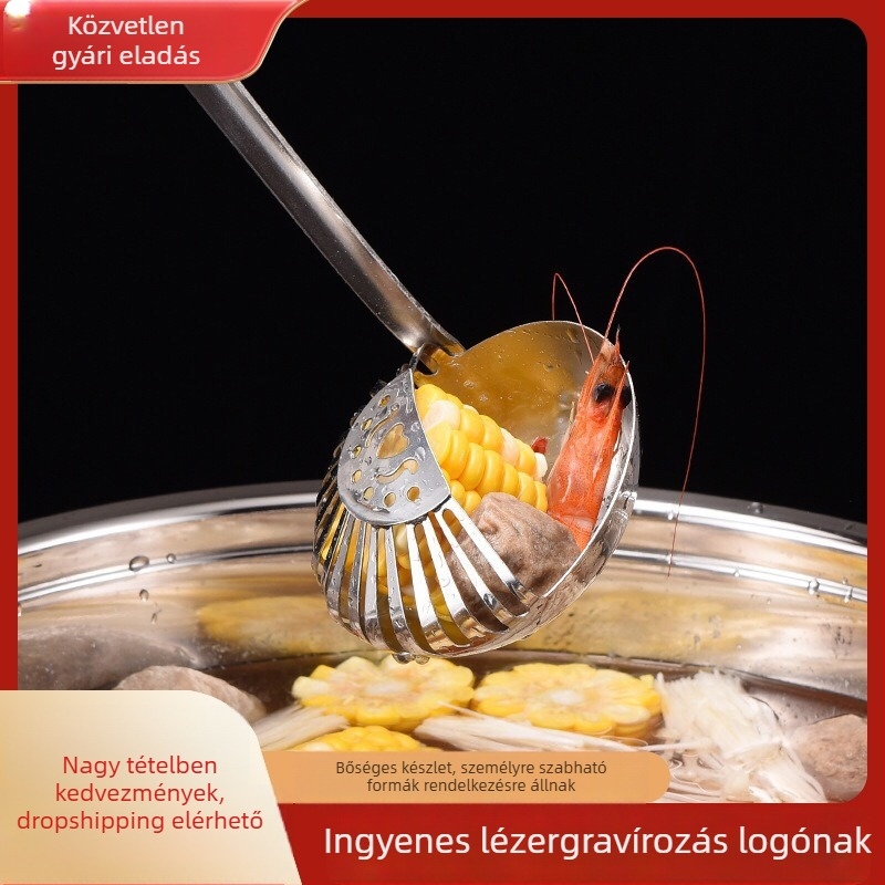 Rozsdamentes acél főzőkanál kettős használatú edény/szűrő funkcióval, magas hőállóság, égés elleni védelem, logó felhelyezhető