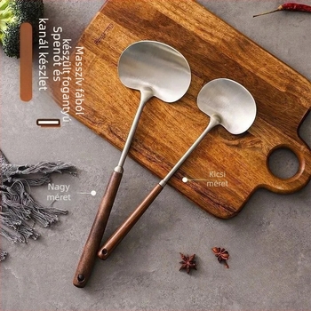 Rozsdamentes acél spatula fából készült nyéllel, csúszásmentes, hőálló, nem tapadó edényekhez