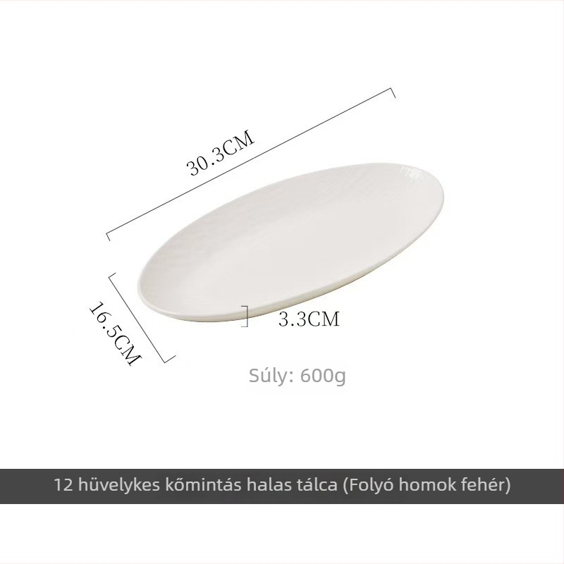 Porcelán ovális tál, skandináv stílus, modern minimalista, domborított hal motívum, szállodai és éttermi használatra