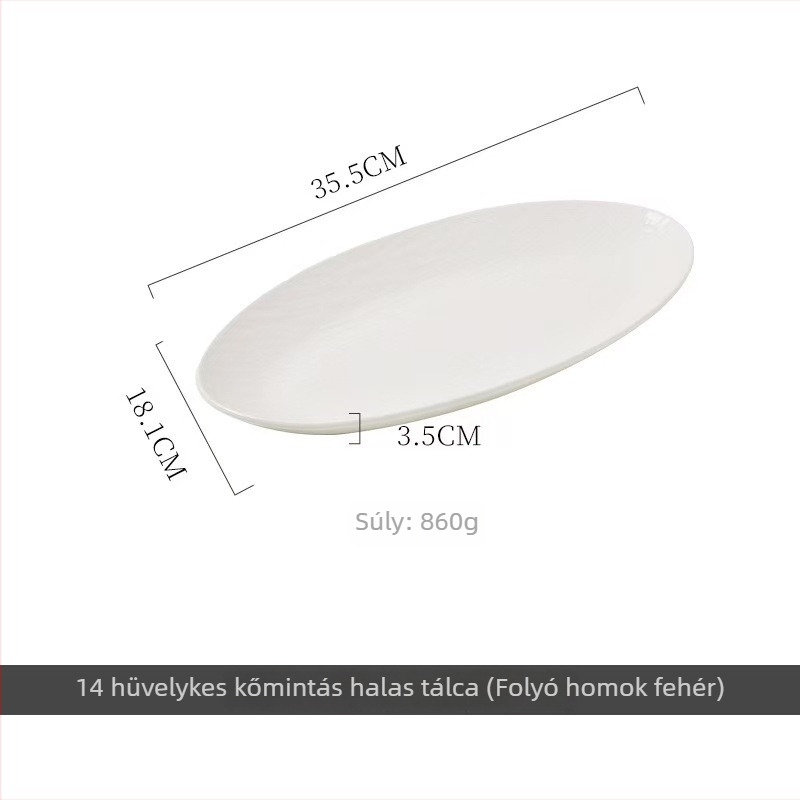Porcelán ovális tál, skandináv stílus, modern minimalista, domborított hal motívum, szállodai és éttermi használatra