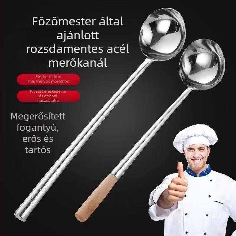 Rozsdamentes acél wokkanál fa nyéllel, hosszú nyél, magas hőmérséklet-állóság, égésálló konyhai eszköz