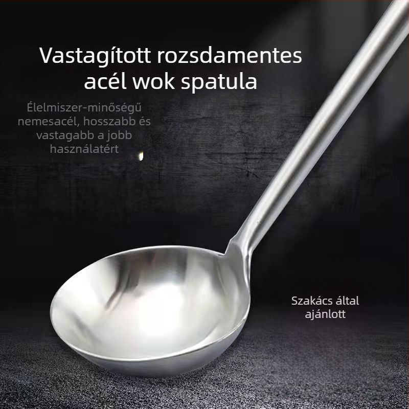 Rozsdamentes acél wokkanál fa nyéllel, hosszú nyél, magas hőmérséklet-állóság, égésálló konyhai eszköz