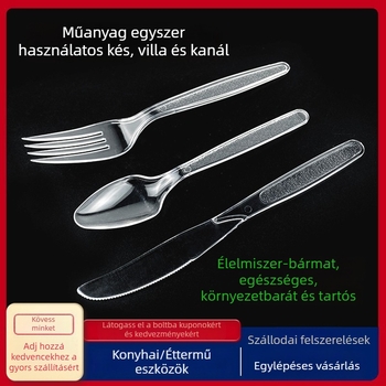 Egyszer használatos vastagított műanyag evőeszközök nyugati stílusú készlet hosszú nyéllel: kés, villa és kanál; mikrohullámú sütőben használható.