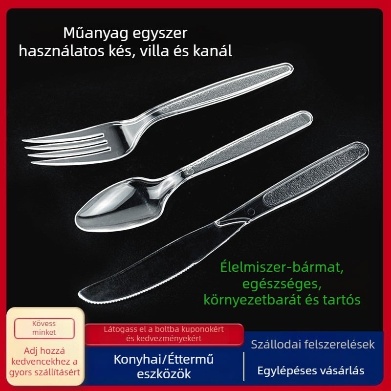 Egyszer használatos vastagított műanyag evőeszközök nyugati stílusú készlet hosszú nyéllel: kés, villa és kanál; mikrohullámú sütőben használható.