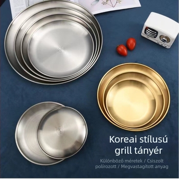 Koreai stílusú kerek tál rozsdamentes acélból aranyozott felülettel grillhez, gyümölcsökhöz és desszertekhez