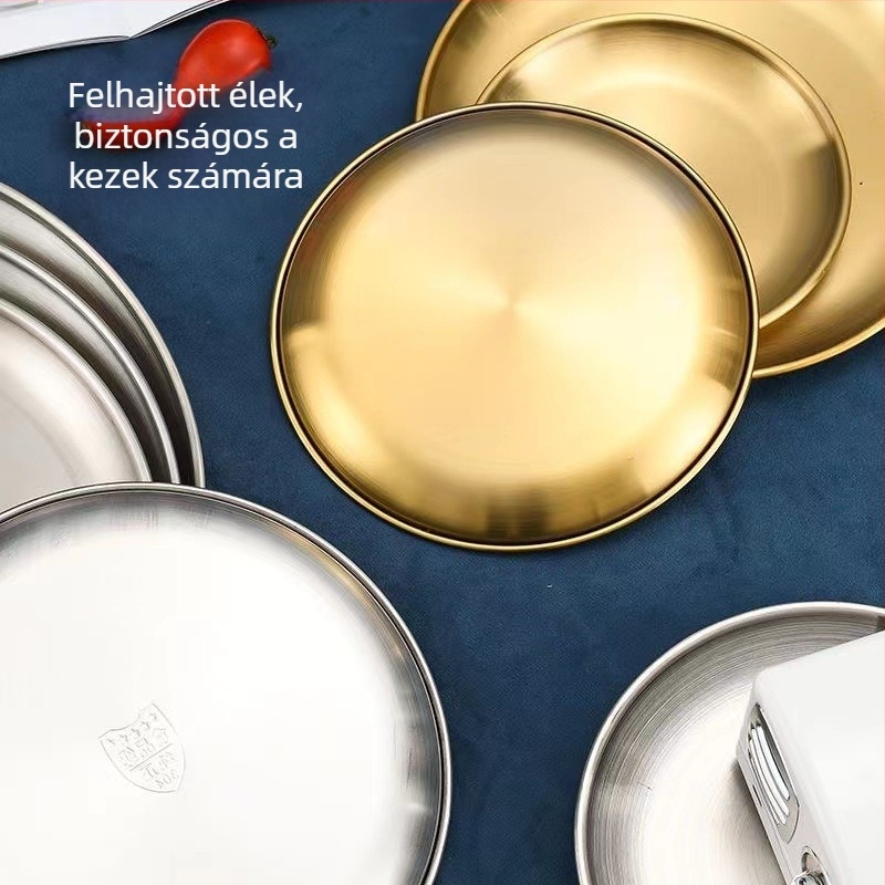 Koreai stílusú kerek tál rozsdamentes acélból aranyozott felülettel grillhez, gyümölcsökhöz és desszertekhez