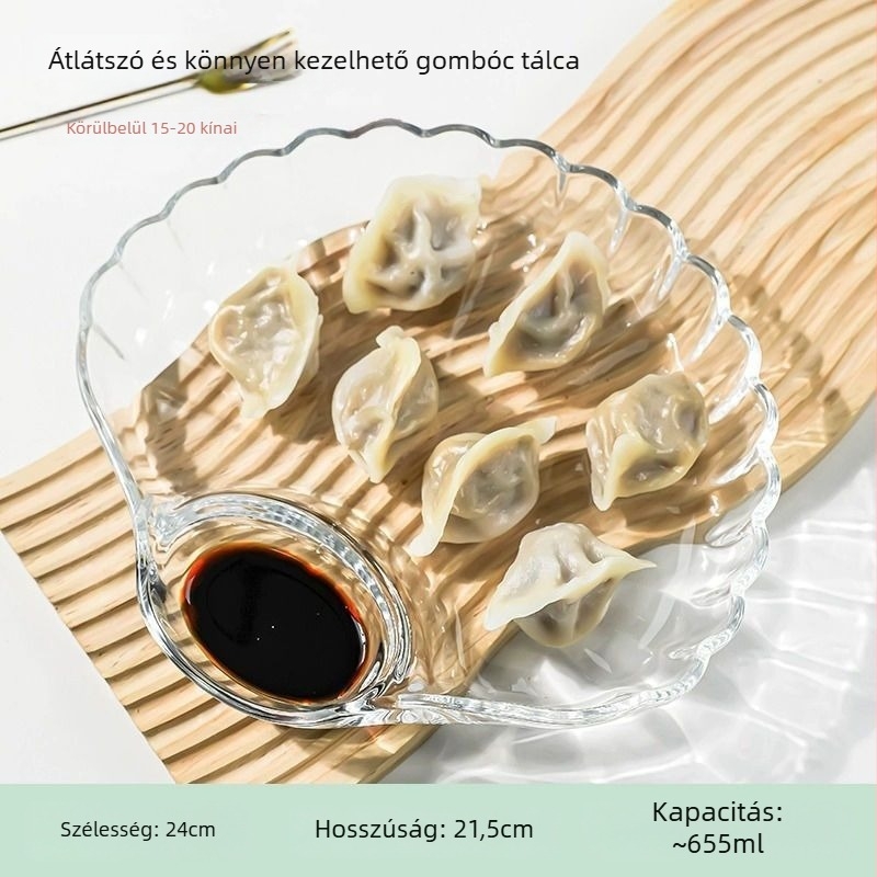 Üvegből készült osztott tál, átlátszó és tartós, mártóedénnyel, egyszerű stílusban, ideális dumplings, tengeri ételek és garnélák tálalásához
